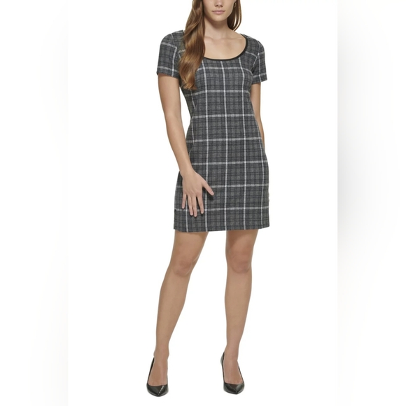 NWT Calvin Klein Women's Scoop Neck Shirt Sleeve Sheath Dress Sz 14 Gray Plaid - Picture 1 of 16